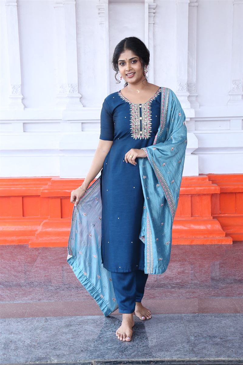 Telugu Actress Sunitha Marasiar in Blue Dress